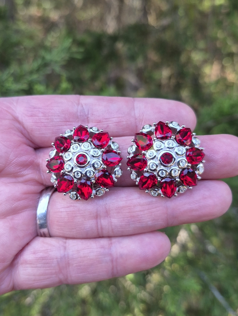 Vintage Christian Dior Large Red Rhinestone Clear Crystal Clip On Earrings
